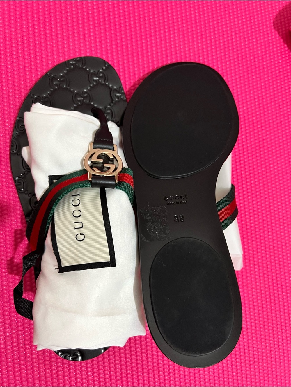 Gucci Black Leather Logo Web Ribbon Sandals with Gold Hardware - Picture 2 of 3